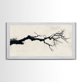 Black and White Wall Art, Framed Canvas Print, Dead Branch Painting on a Black Background, Charcoal Sketch, Charcoal Painting Wall Art
