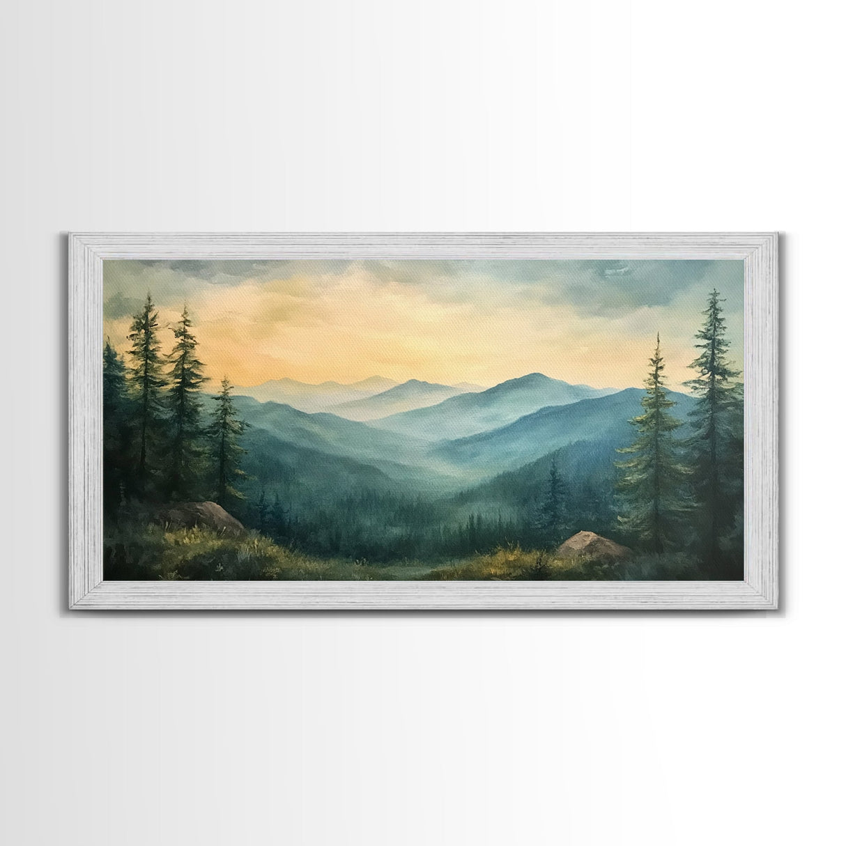 Minimalist Watercolor Painting Print of The Blue Ridge Mountains, Framed Canvas Print, Modern Landscape Painting