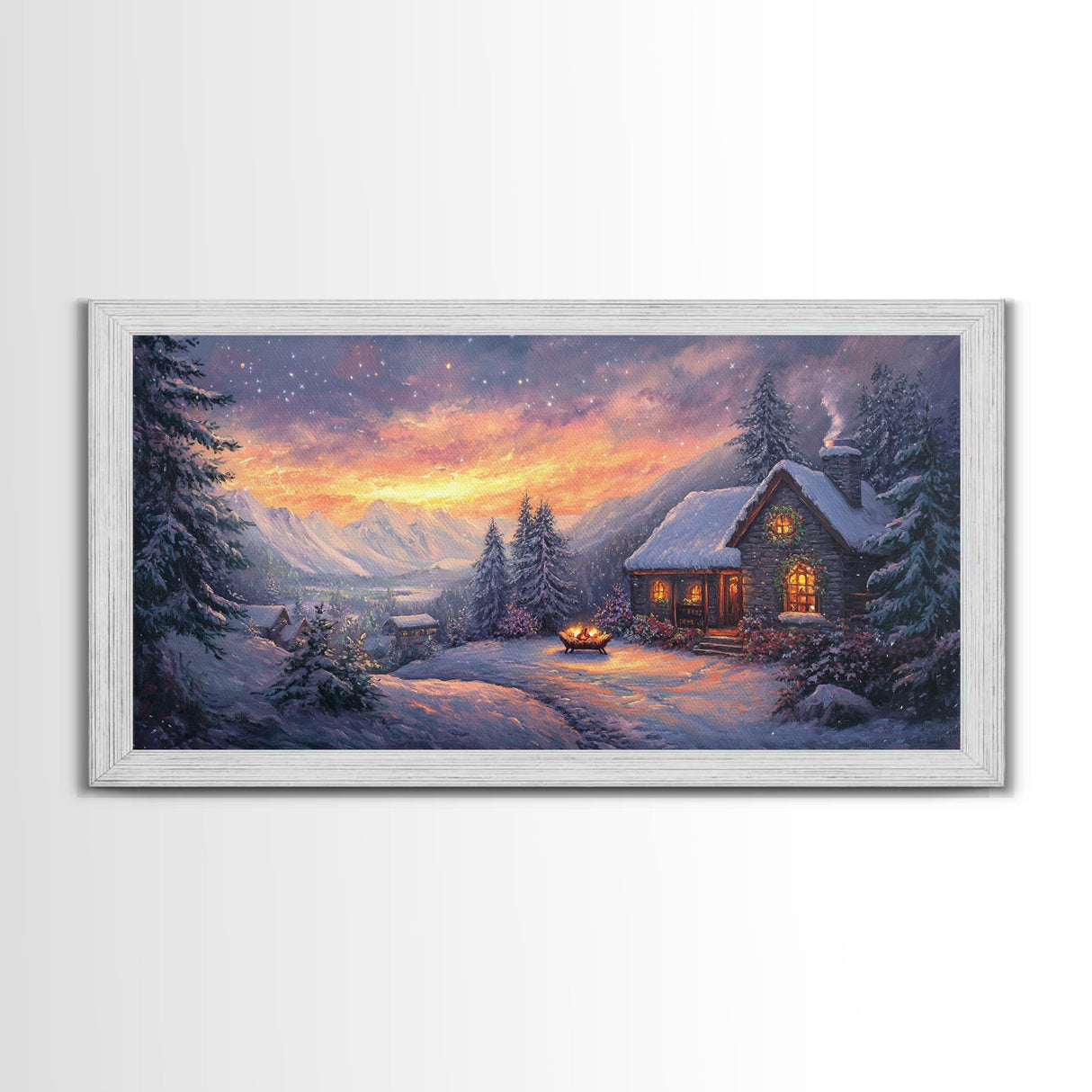 Snow Falls In The Mountains at Sunset, Framed Canvas Print, Retro Christmas Wall Art, Winter Not Christmas Wall Art, Winter Wall Art