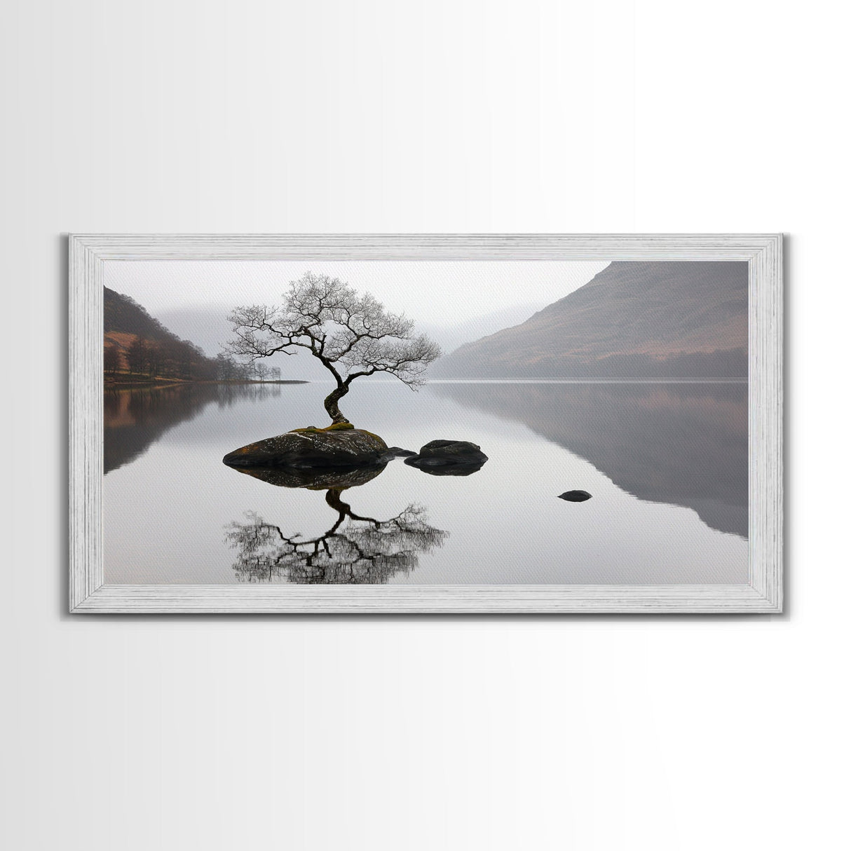 Lone Bonzai Tree On an Island Framed Canvas Print - Ready To Hang Wall Art - Wabi Sabi Landscape Painting - Japanese Style Wall Art