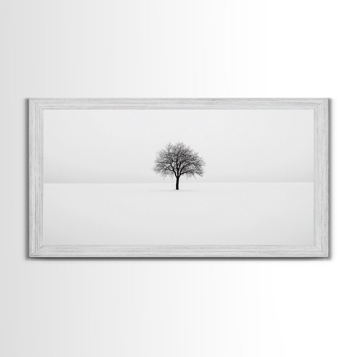 Footprints In the Snow Lead To a Lone Dead Tree - Framed Canvas Print - Ready To Hang Art - Moody Wall Art - Black and White Photography Print