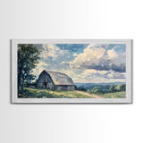 Rustic Old Barn Painting Framed Canvas Print Panoramic Rural Landscape Primitive Art Farmhouse Home Decor Barn Wall Art Ready To Hang