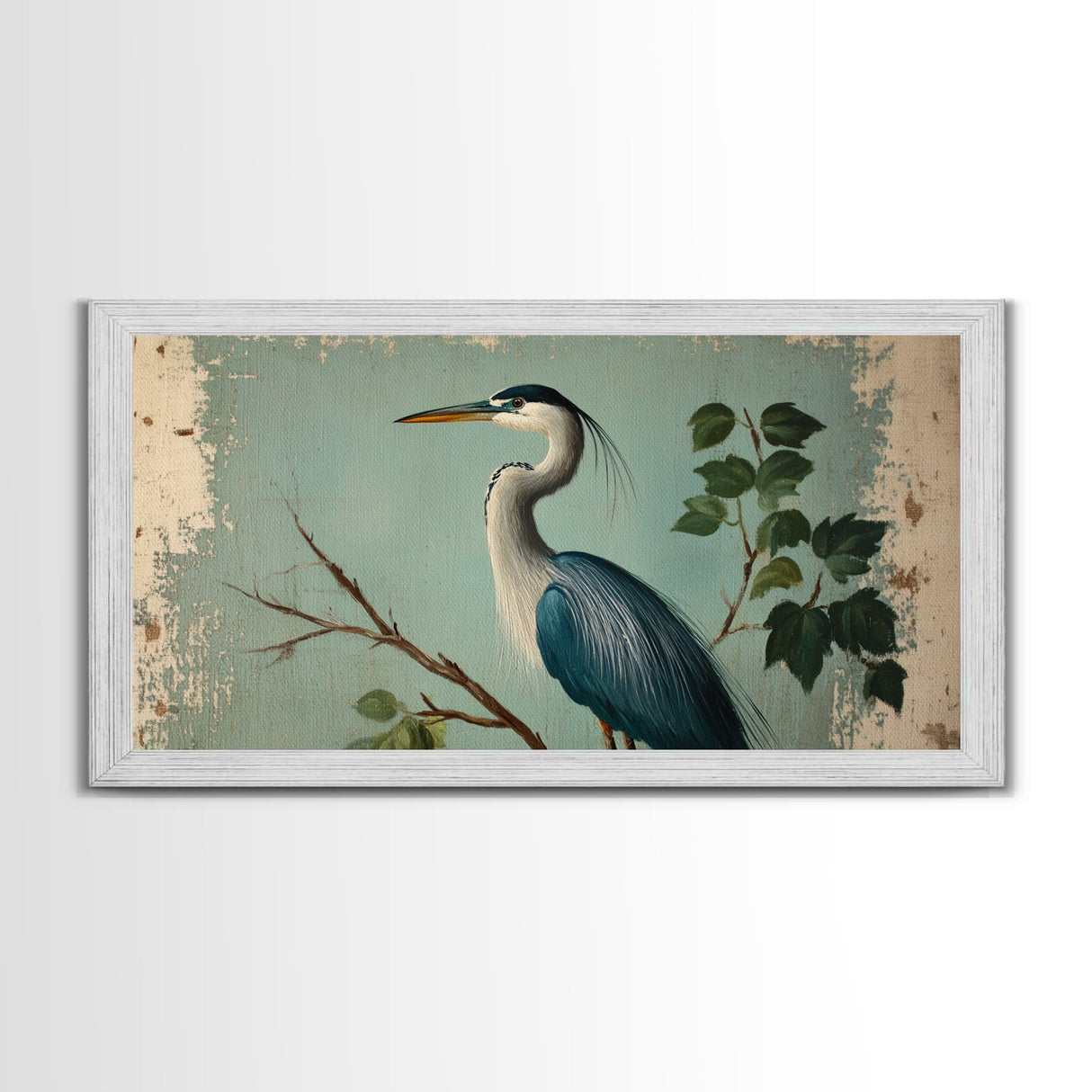 Funky Painting Print of a Blue Heron, Framed Canvas Print, Ready To Hang Wall Art, Great Blue Heron, Extra Large Bird Picture Painting