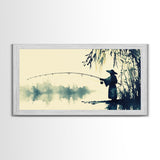 Watercolor Painting Print of a Fisherman - Elegant Japanese Style Artwork - Framed Canvas Print Ready to Hang - Coastal Wall Art - Fishing Gift