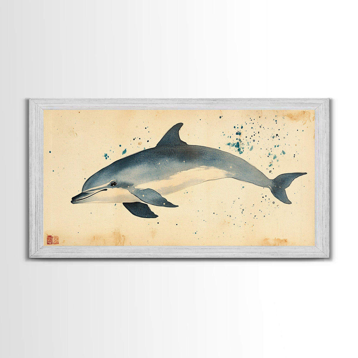 Retro Minimalist Dolphin Painting, Dolphin Home Decor, Framed Canvas Print, Nautical Decor, Elegan Japanese Style Artwork, Wabi Sabi Art