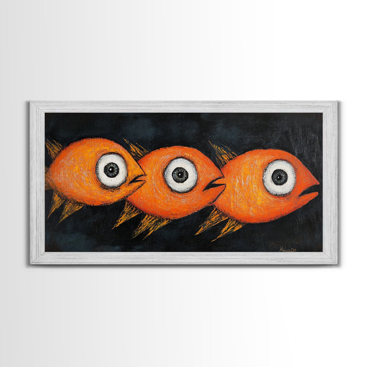 Retro 19th Century Folk Art Canvas Print, Funny Gold Fish Painting, Folk Art Painting, Whimsical Wall Art, Gold Fish Wall Art