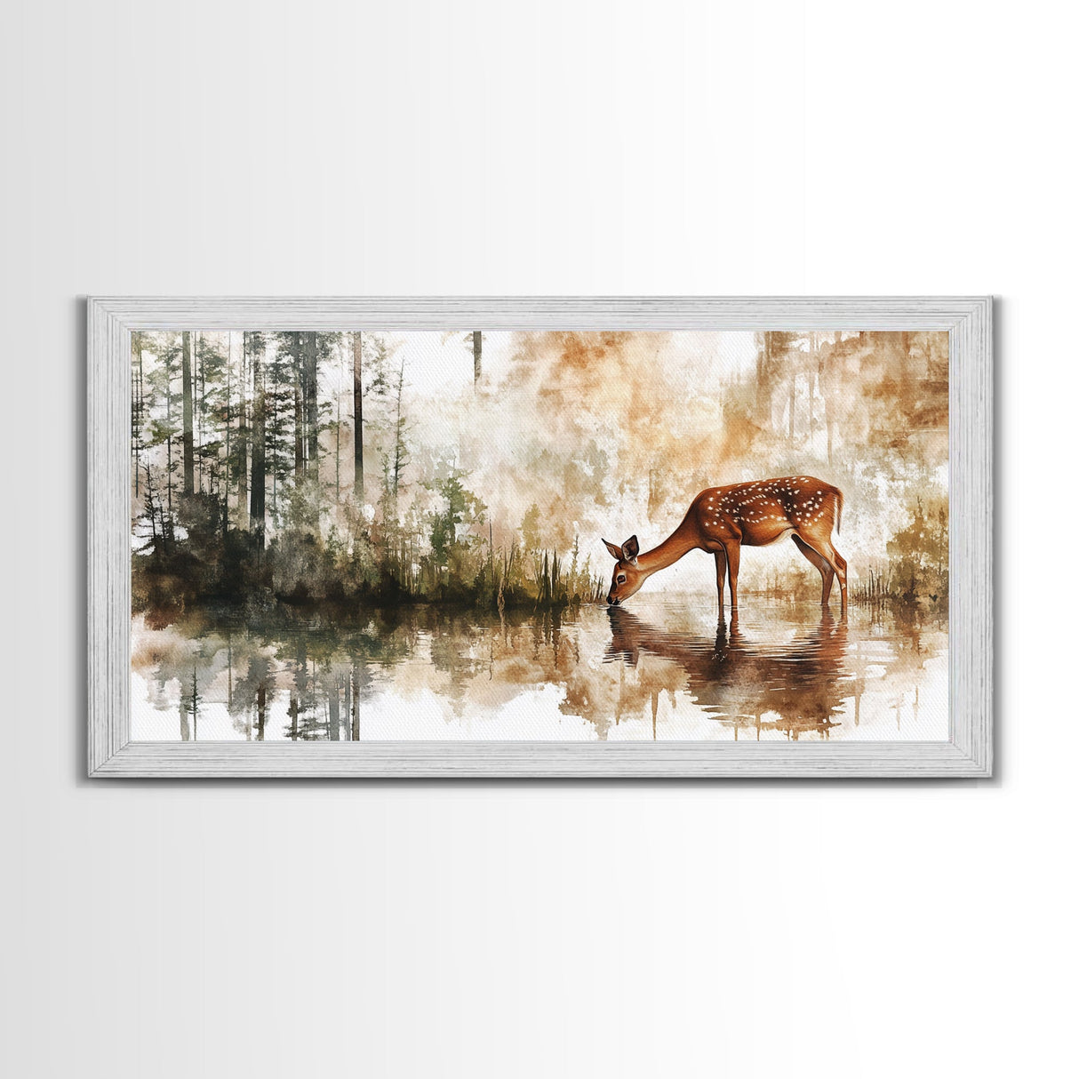 Young Doe Drinking Water In The Forest Framed Canvas Print, Painting of a Deer drinking Water, Gift for Hunter, Outdoorsman Gift, Cabin Art