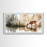 Young Doe Drinking Water In The Forest Framed Canvas Print, Painting of a Deer drinking Water, Gift for Hunter, Outdoorsman Gift, Cabin Art