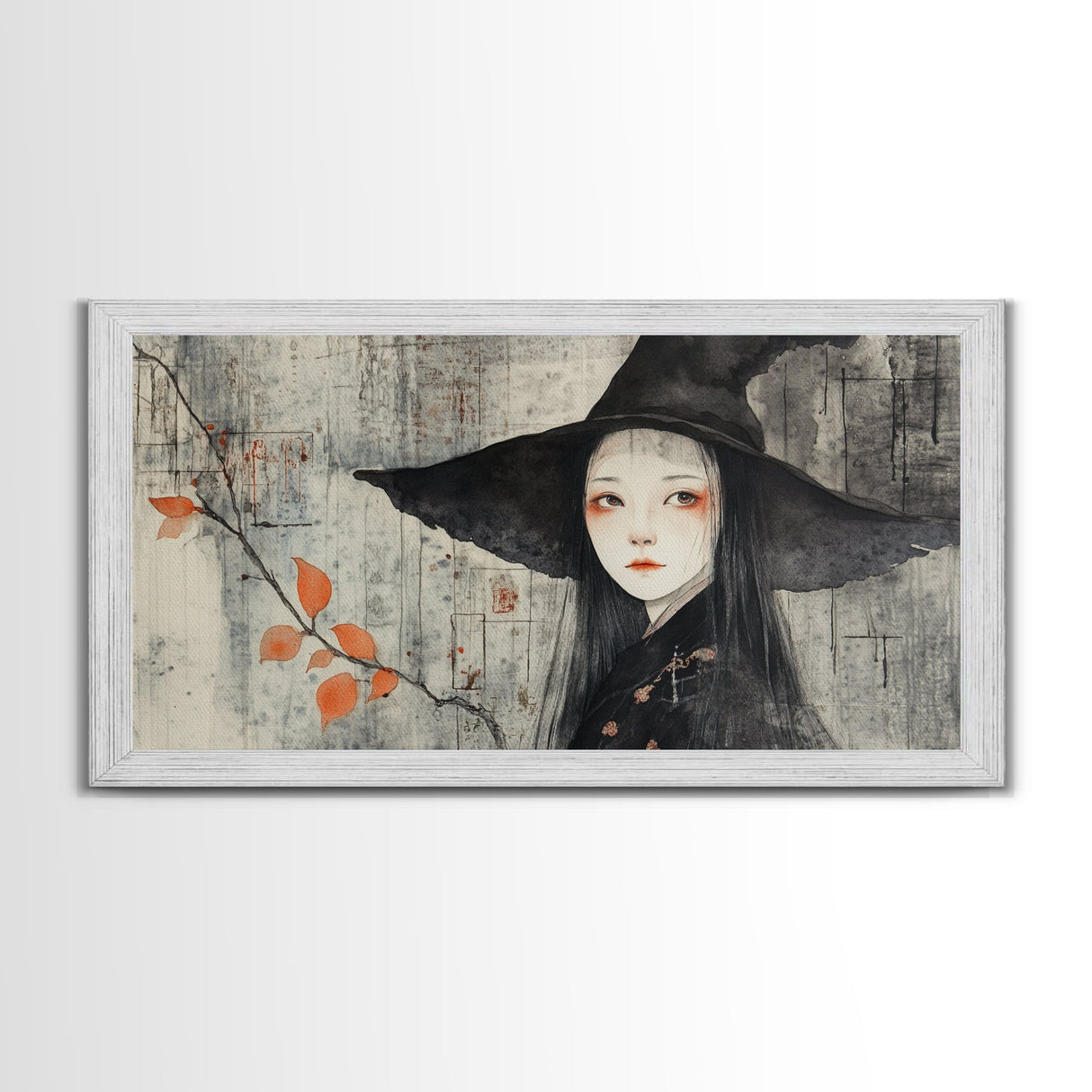 Wabi Sabi Japanese Witch Portrait - Framed Canvas Print - Wood Framed Art - Japanese Style Witchy Wall Art