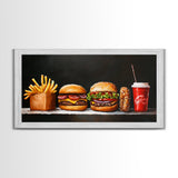 Burger and Fries Framed Canvas Print, Kitchen Canvas Art, Kitchen Wall Art, Burger Painting, Burger Art, Dining Room Wall Art