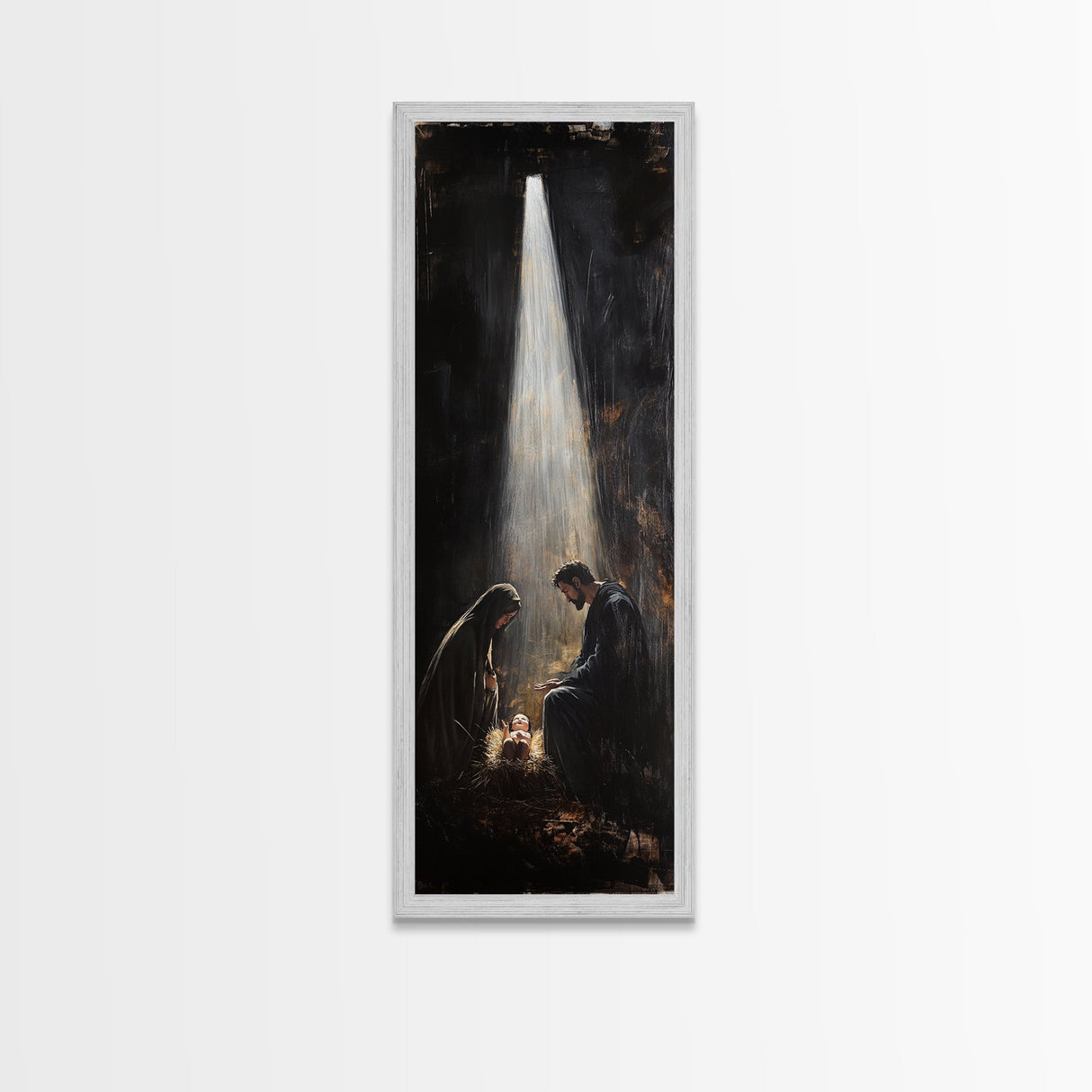 Tall Skinny Nativity Painting Canvas Print, Christmas Wall Art, Christmas Decor, Nativity Oil Painting, Jesues In His Manger