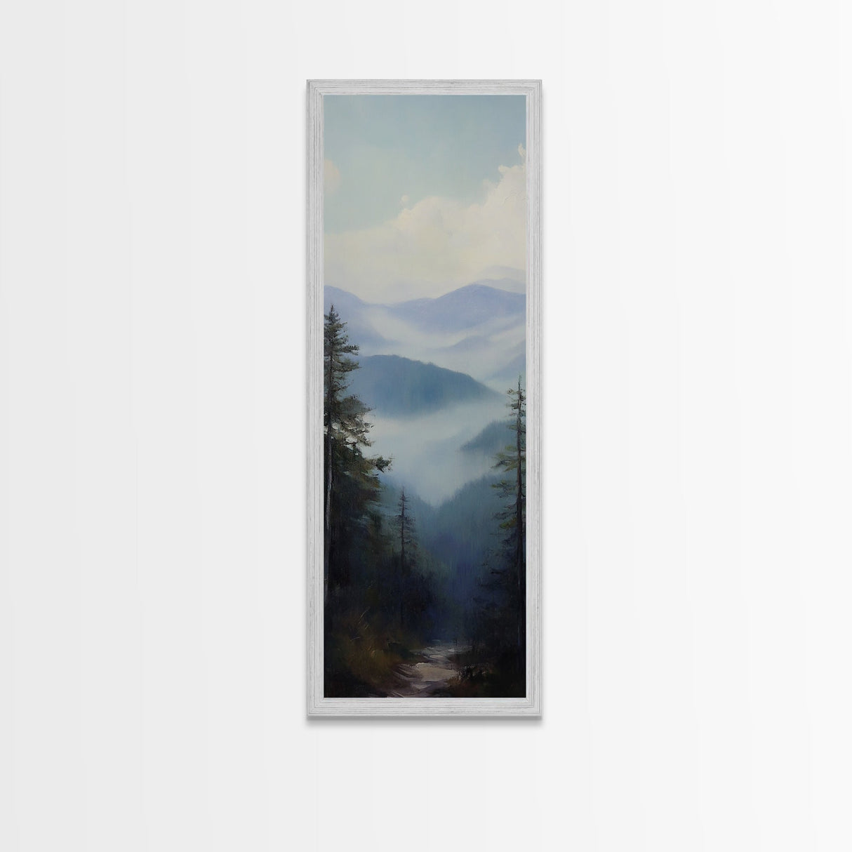 Misty Mountain Fog Framed Canvas Print Peaceful Nature Landscape Painting, Smoky Mountain Art, Above Bed Wall Art, Blue and Green Wall Art, Guest Room Art