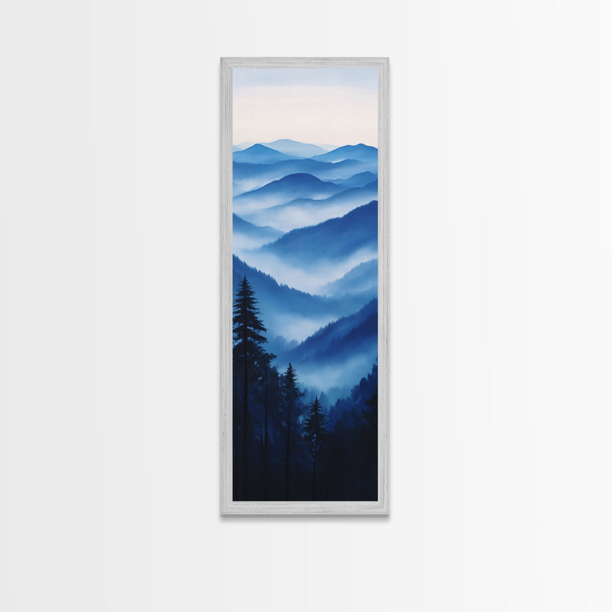 Blue Misty Mountains Framed Canvas Print Calming Nature Landscape Art, Smoky Mountain Art, Blue and Green Wall Art, Minimalist Decor, Bedroom Art