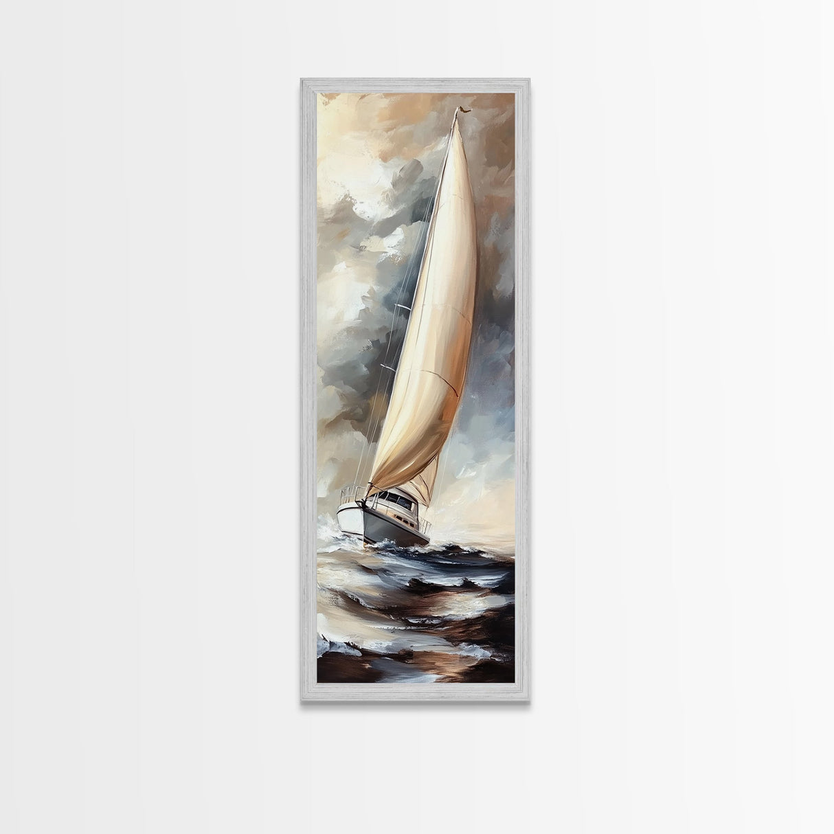 Sailboat painting nautical decor framed canvas print, classic coastal wall art, sailing scene with ocean waves, above bed living room art