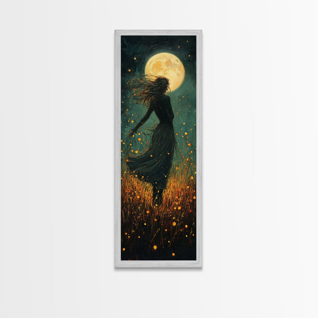 Moonlight goddess painting mystical framed canvas print, ethereal night scene, boho wall art, spiritual bedroom decor, wildflower moon art