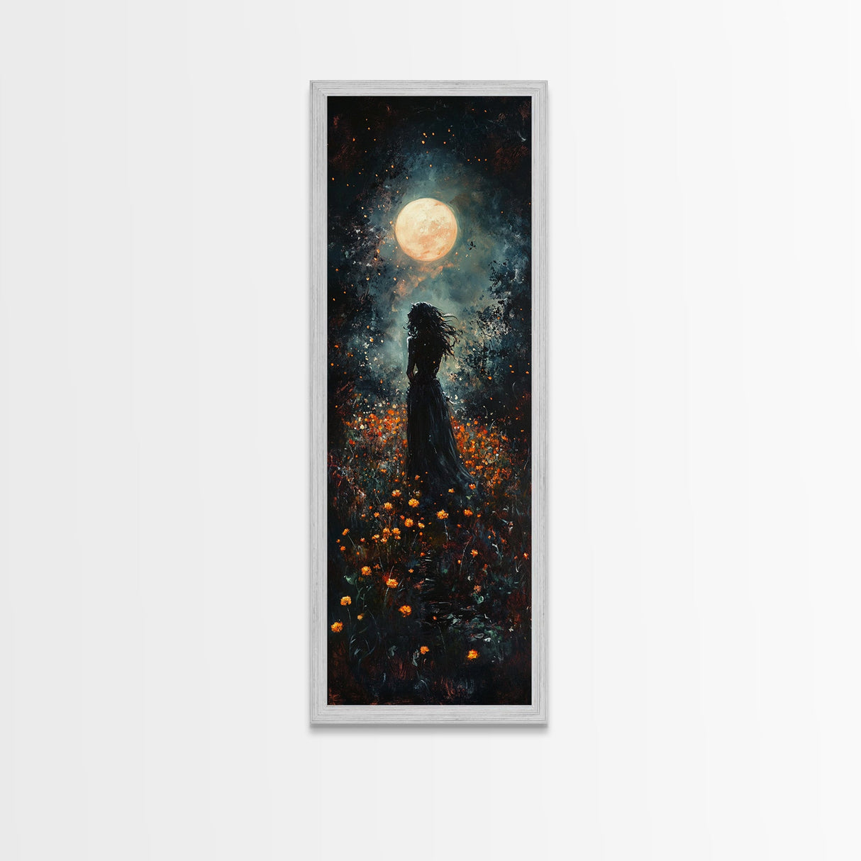 Moonlight silhouette painting mysterious framed canvas print, dark romance art, moonlit field wall decor, spiritual night scene art