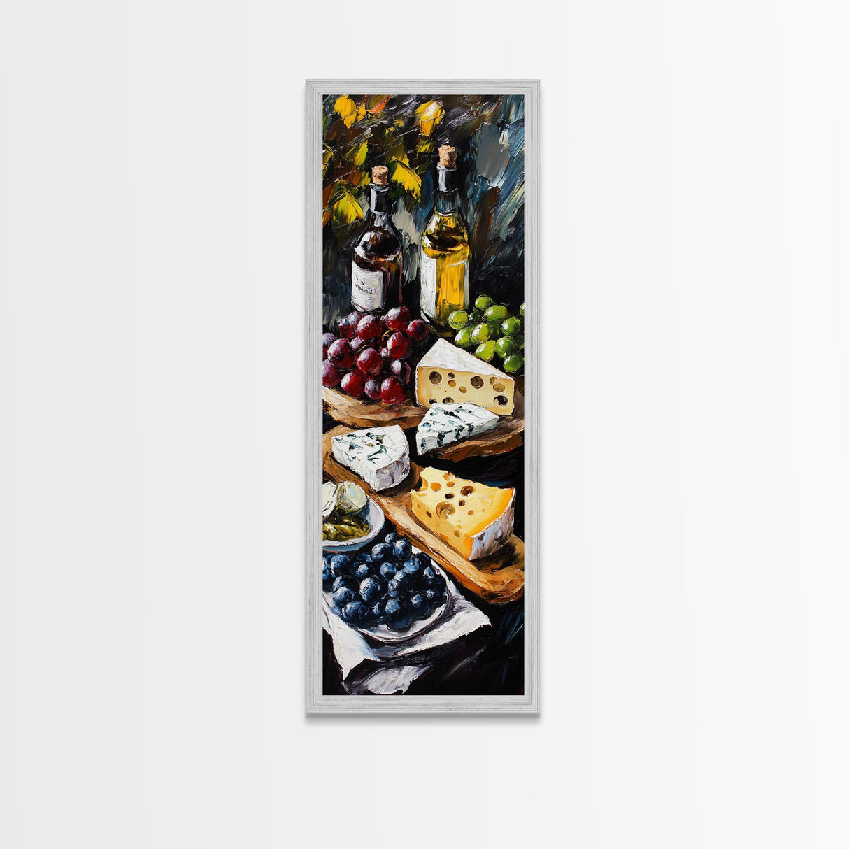 Framed Canvas Print Cheese and Wine Scene Painting Kitchen Wall Art Farmhouse Decor Rustic Art Culinary Print