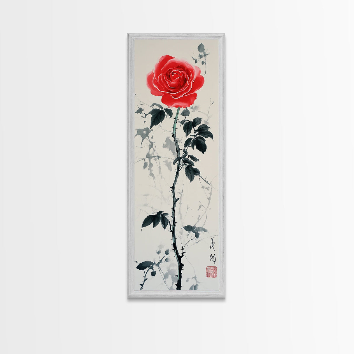 Canvas Print of Asian Style Red Rose, Art Nouveau Print, Botanical Art, Above Sofa Decor, Elegant Home Decor, Floral Wall Art