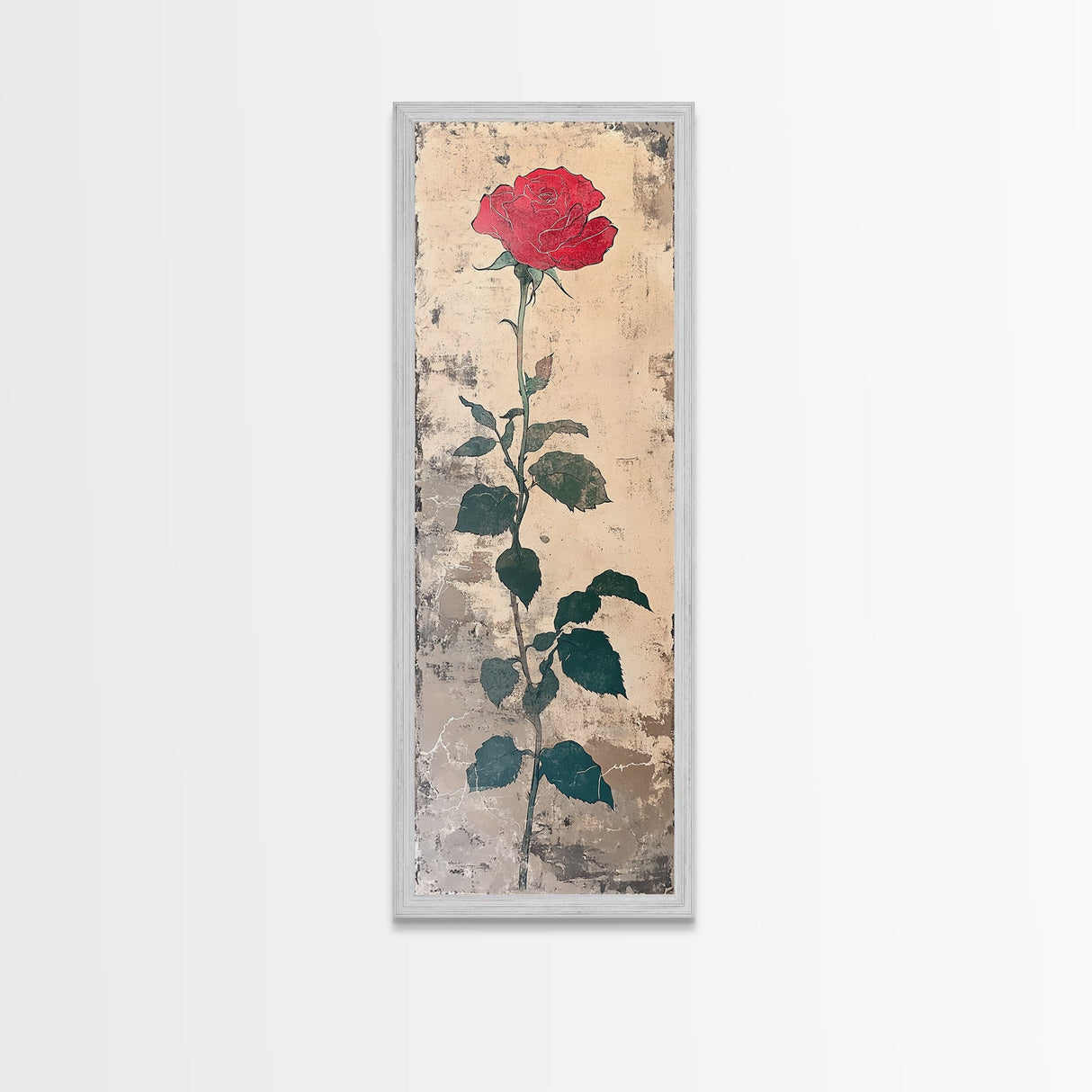 Red Rose Art Print Canvas Print, Japanese Inspired Rose Painting, Long Narrow Wall Art, Tall Skinny Art, Framed Canvas Print, Boho Wall Art