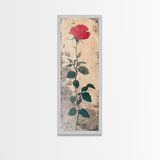 Red Rose Art Print Canvas Print, Japanese Inspired Rose Painting, Long Narrow Wall Art, Tall Skinny Art, Framed Canvas Print, Boho Wall Art
