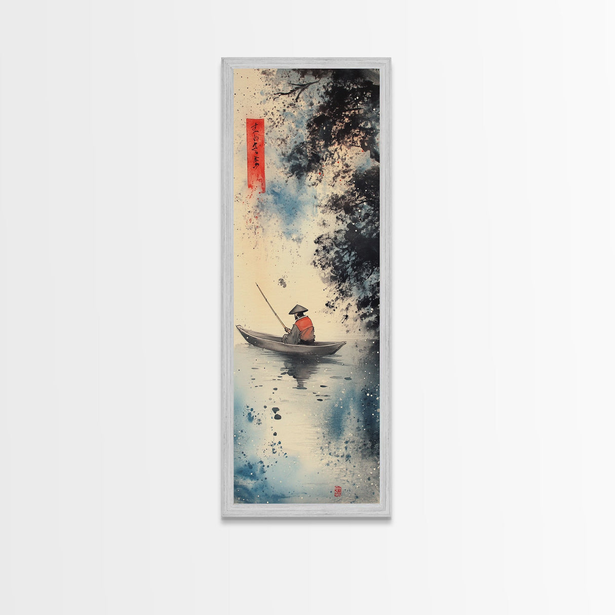 Fisherman in Boat Painting Canvas Print, Japanese Fishing Scene, Coastal Wall Art, Nautical Decor, Tall Narrow Art, Framed Canvas Print, Coastal Decor
