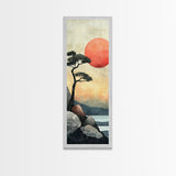 Japanese Landscape with Sunset Canvas Print, Red Sun Over Mountains, Minimalist Nature Art, Coastal Wall Art, Framed Canvas Print, Boho Decor
