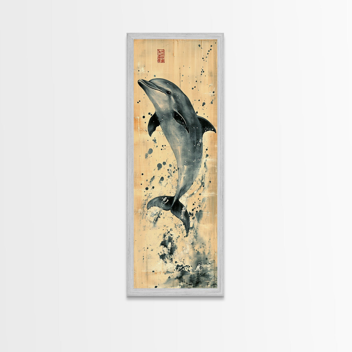Framed Canvas Print Rustic Dolphin Art Coastal Decor in Nautical Theme, Minimalist Coastal Wall Art, Beach Living Room or Guest Room Decor