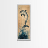 Framed Canvas Print Blue Dolphin Painting Coastal Nautical Wall Art, Beach-Inspired Above Bed Art, Boho Coastal Living Room Decor, Gift Him