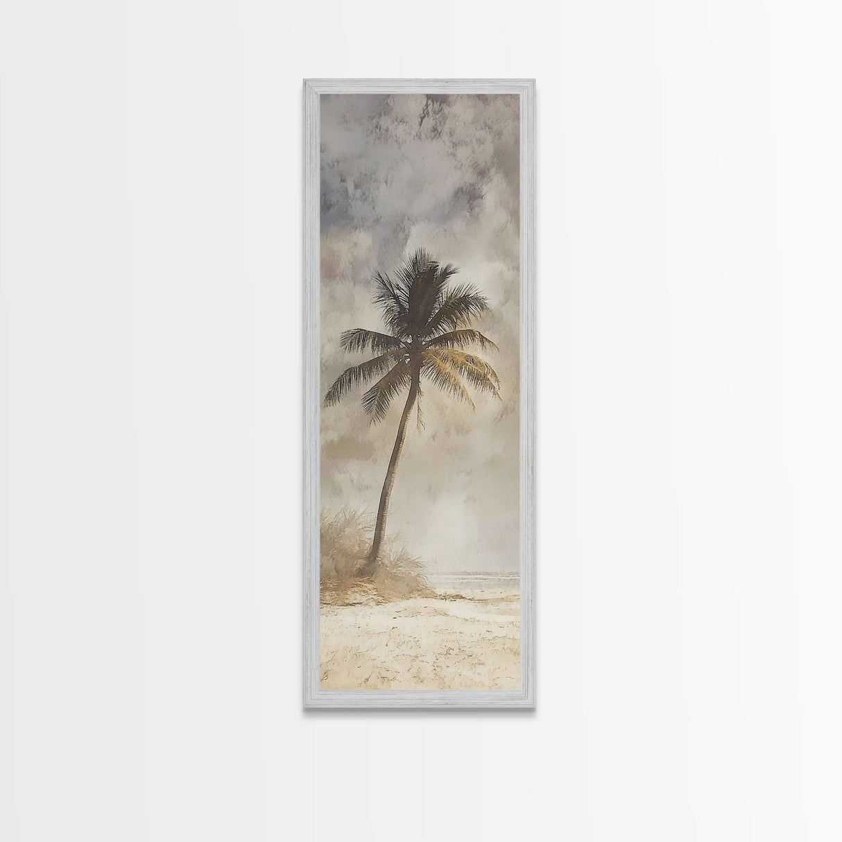 Framed Canvas Print Moody Palm Tree Painting, Coastal Landscape Art, Wabi Sabi Art, Above Sofa Wall Decor, Rustic Beach Scene Print