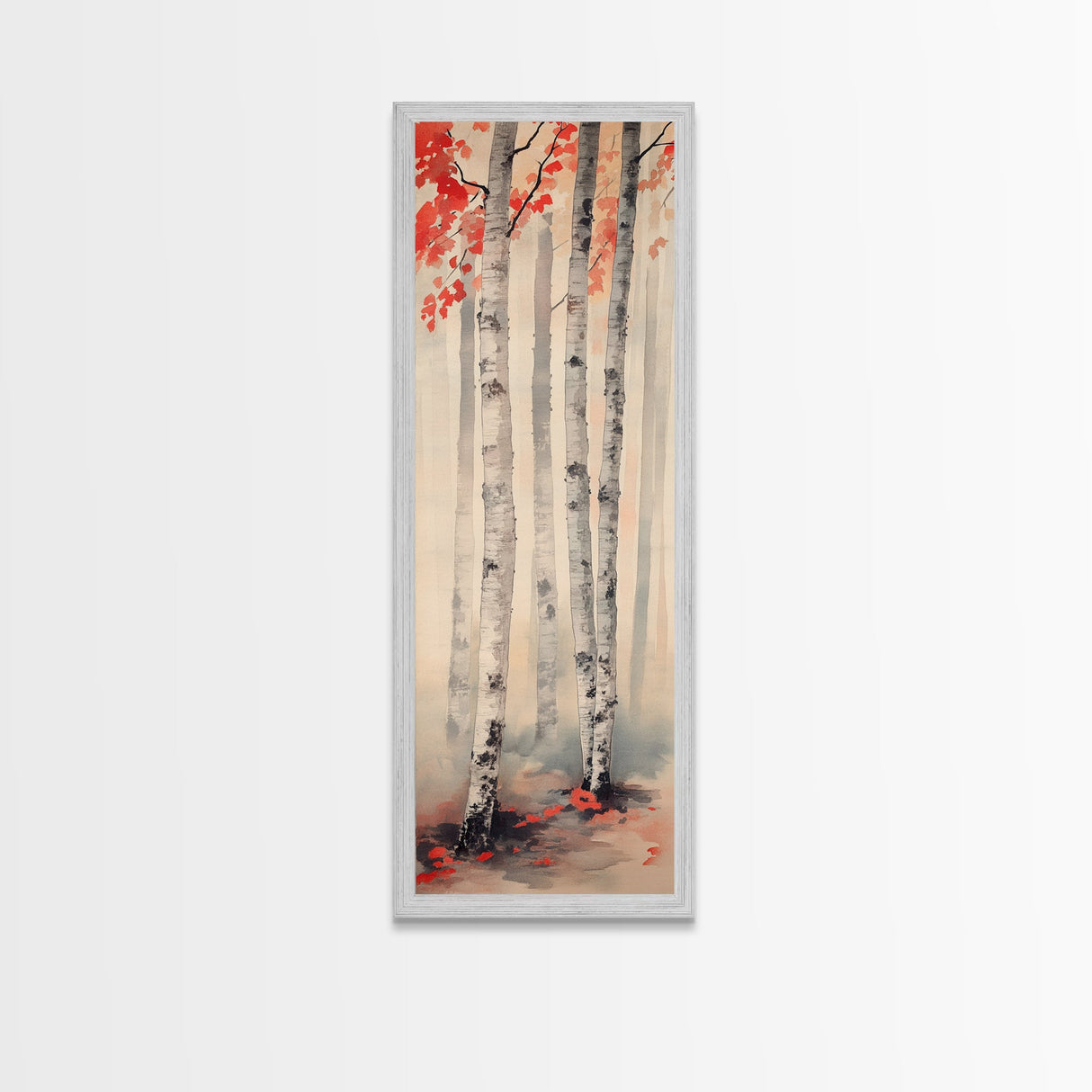 Birch Trees and Red Leaves Framed Canvas Print – Fall Vibes, Rustic Wall Art, Birch Tree Art, Cozy Autumn Theme, Living Room Art, Above Couch Decor