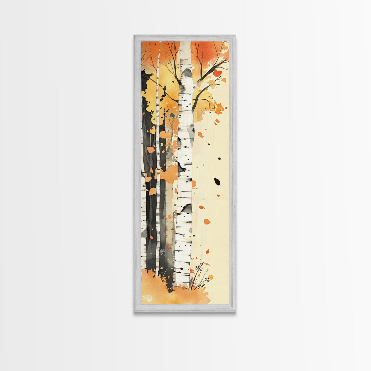 Autumn Forest Path Framed Canvas Print – Cozy Fall Art, Rustic Wall Art, Birch Tree Painting, Skinny Wall Art, Bedroom Wall Art, Autumn Decor