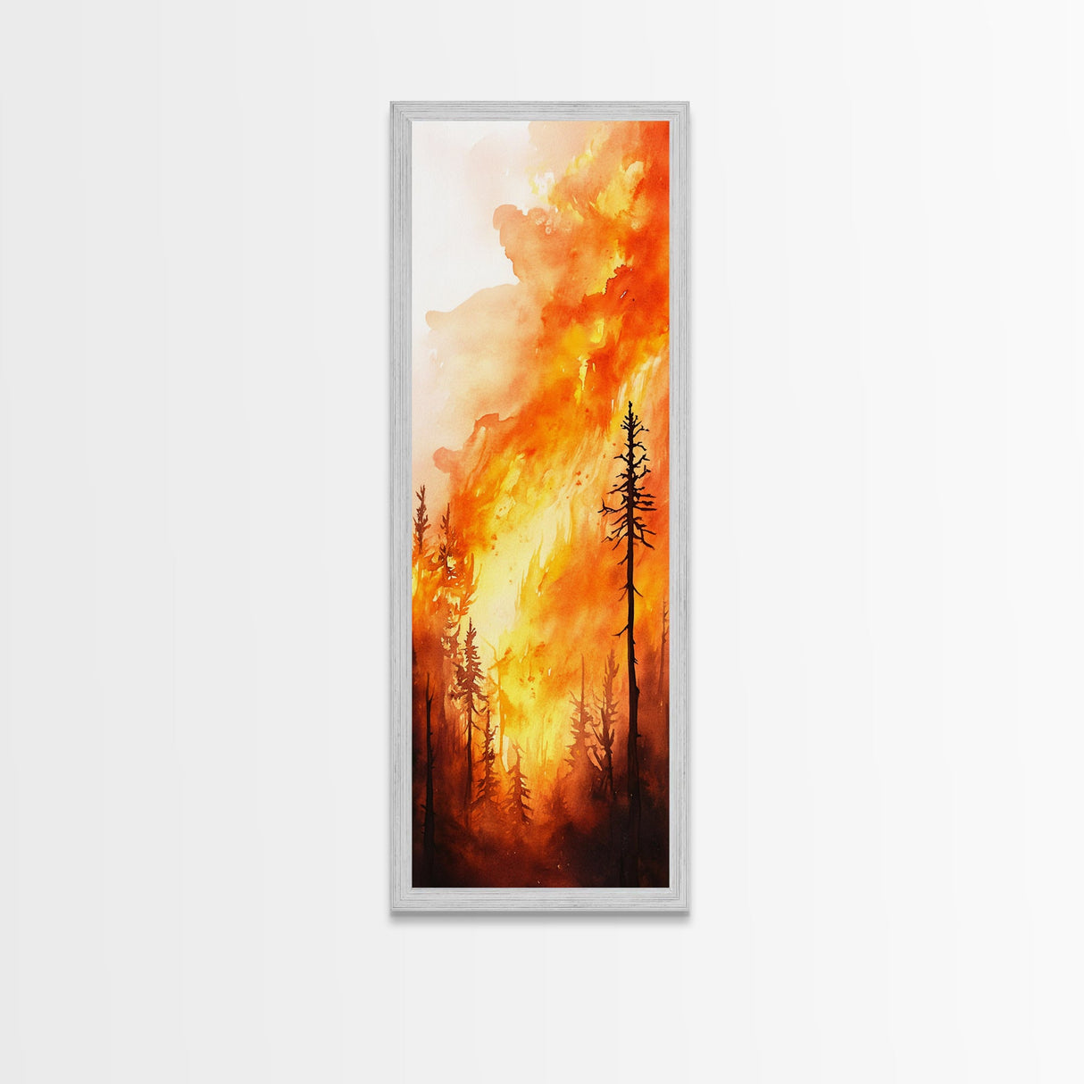 Sunset Blaze in Forest Framed Canvas Print – Dramatic Wall Art, Fiery Forest, Moody Scene, Rustic Decor, Living Room Art, Tall Narrow Art