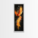 Fiery Phoenix Illustration on Black Canvas, Framed Art Option, Mystical Wall Art for Living Room, Tall Narrow Wall Decor, Mythological Art