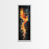 Flaming Phoenix Illustration Canvas Print, Tall Skinny Art for Bedroom Decor, Mythical Creature Wall Art with Framed Option, Space Art
