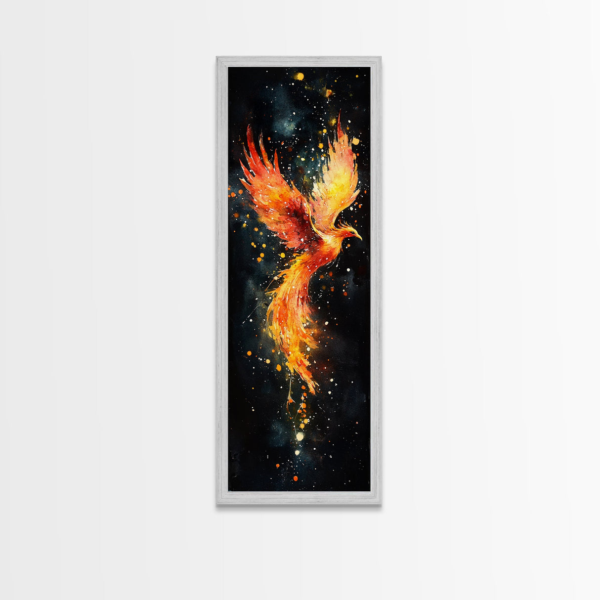 Radiant Phoenix in Flight Canvas Print, Framed Tall Wall Art, Unique Living Room Decor, Firebird Painting for Spiritual Art Lovers