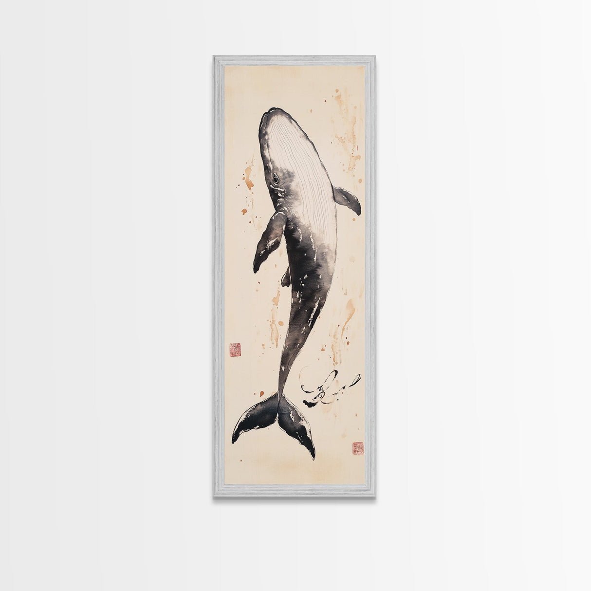 Minimalist Whale Ink Art Depicting Graceful Humpback Whale – Elegant Black and White Framed Canvas Print for Nautical or Coastal Decor