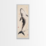 Minimalist Whale Ink Art Depicting Graceful Humpback Whale – Elegant Black and White Framed Canvas Print for Nautical or Coastal Decor