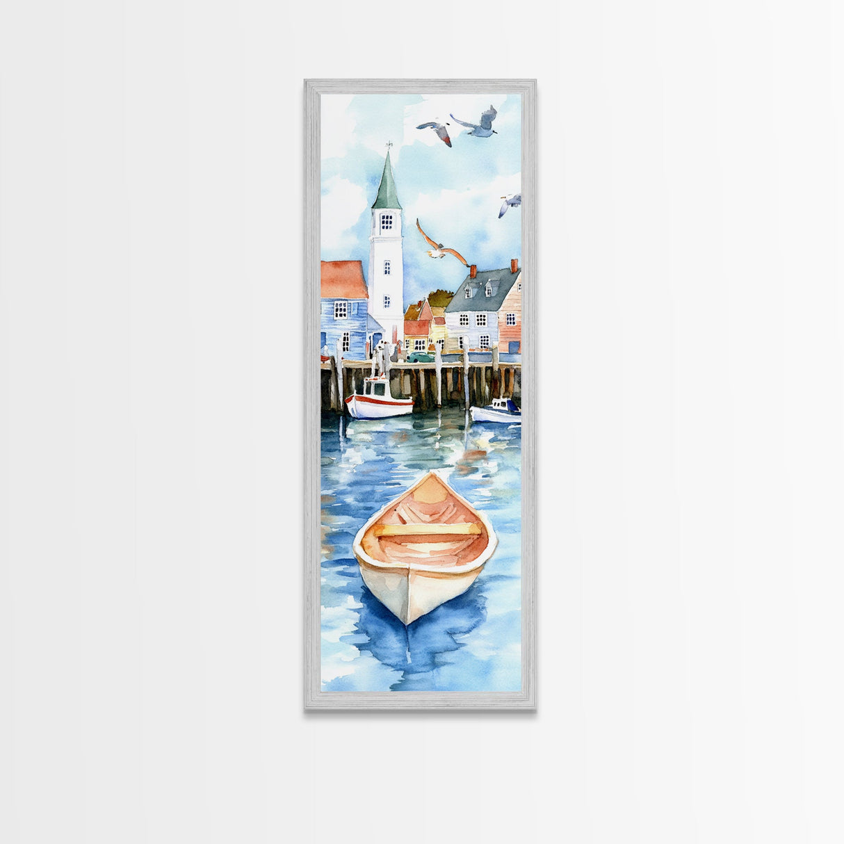Tranquil Coastal Village with Seagulls Painting - Canvas Print for Nautical Wall Art, Coastal Scene Decor, Ocean-Inspired Art, Harbor Home Decor