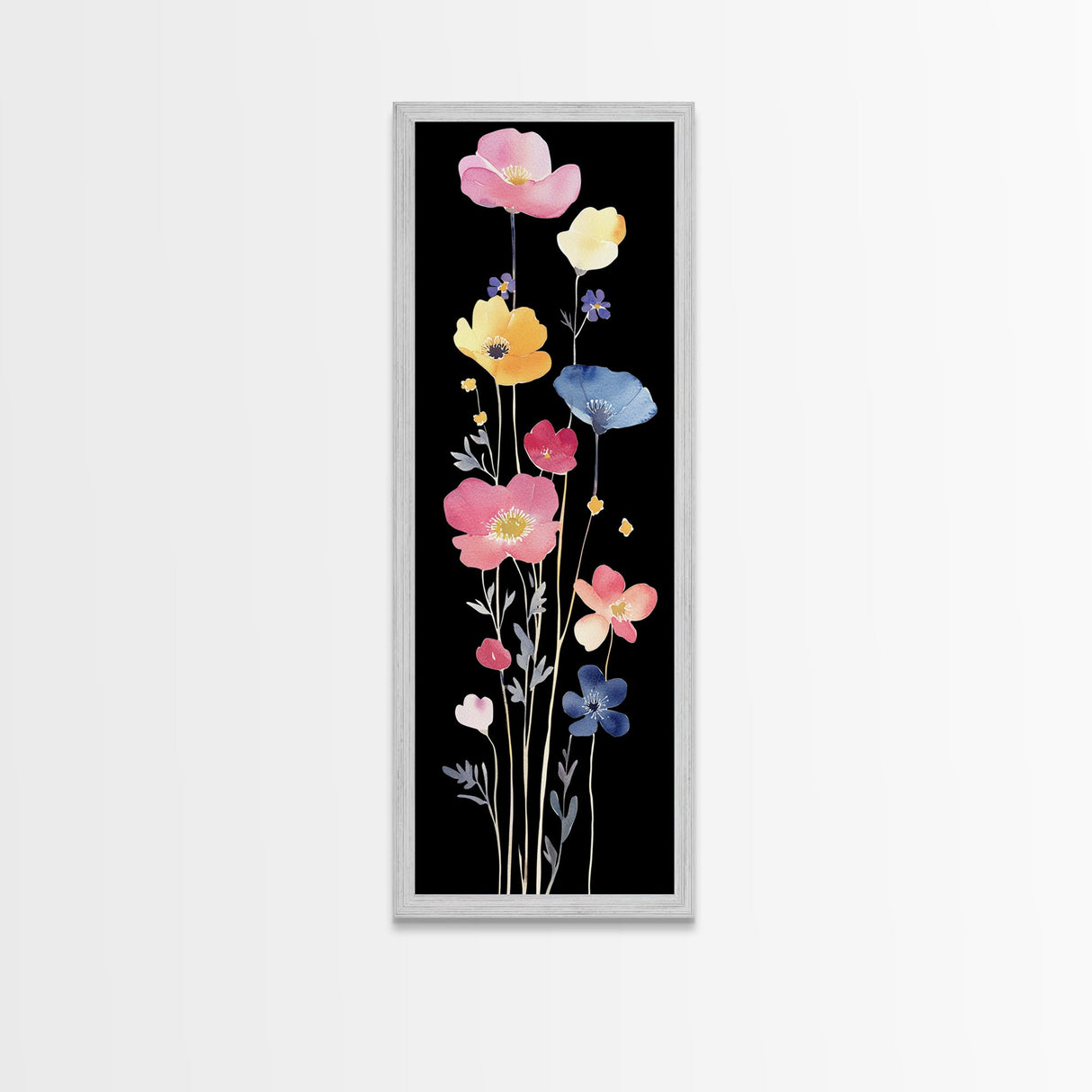 Vibrant Wildflower Watercolor Art - Framed Canvas Print with Black Background Featuring Colorful Poppy and Floral Scene