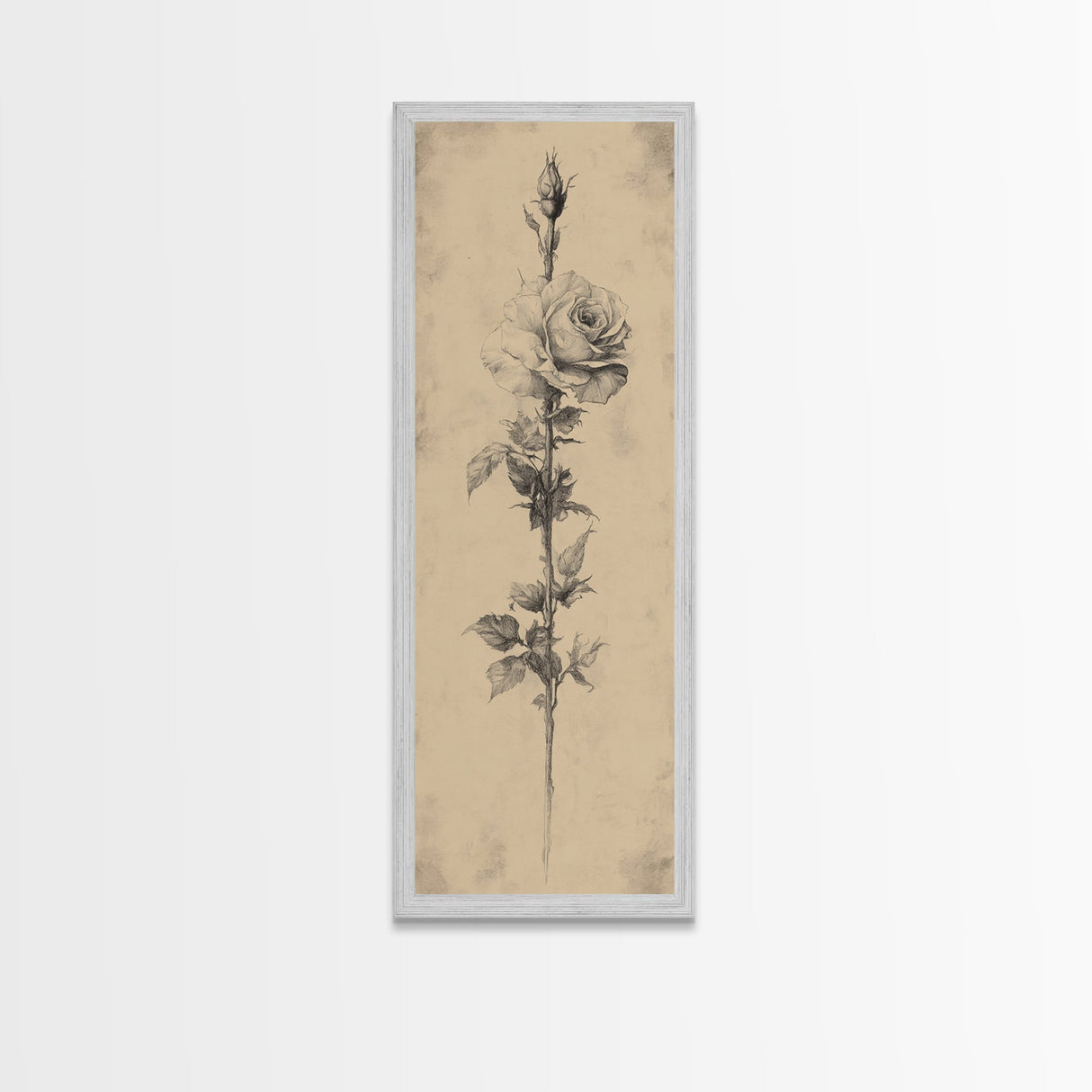 Black and White Sketch of a Rose, Framed Canvas Print, Narrow Art, Tall Skinny Art, Flower Painting, Paint of a Rose, Floral Prints