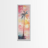 Palm Tree at Sunset Framed Canvas Print, Coastal Oil Painting, Coastal Decor, Tall Narrow Art, Accent Piece Wall Art, Coastal Landscape Art