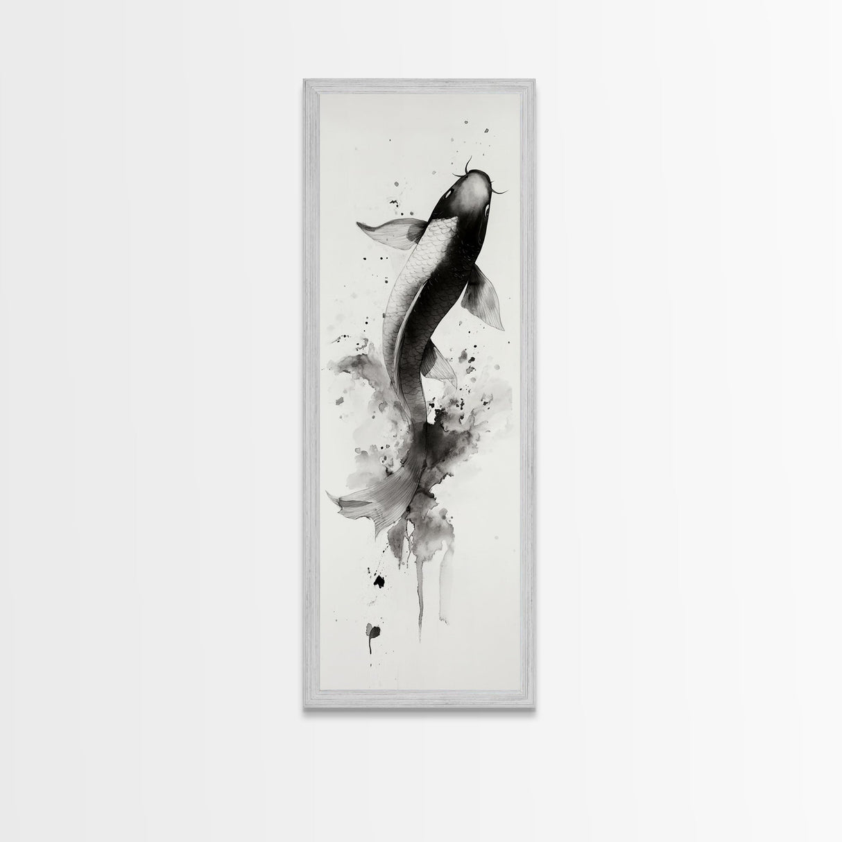 Tall Skinny Koi Fish Painting Print, Black and White Wabi Sabi Wall Art, Koi Fish Wall Decor, Japanese Style Elegant Artwork, Narrow Wall Art