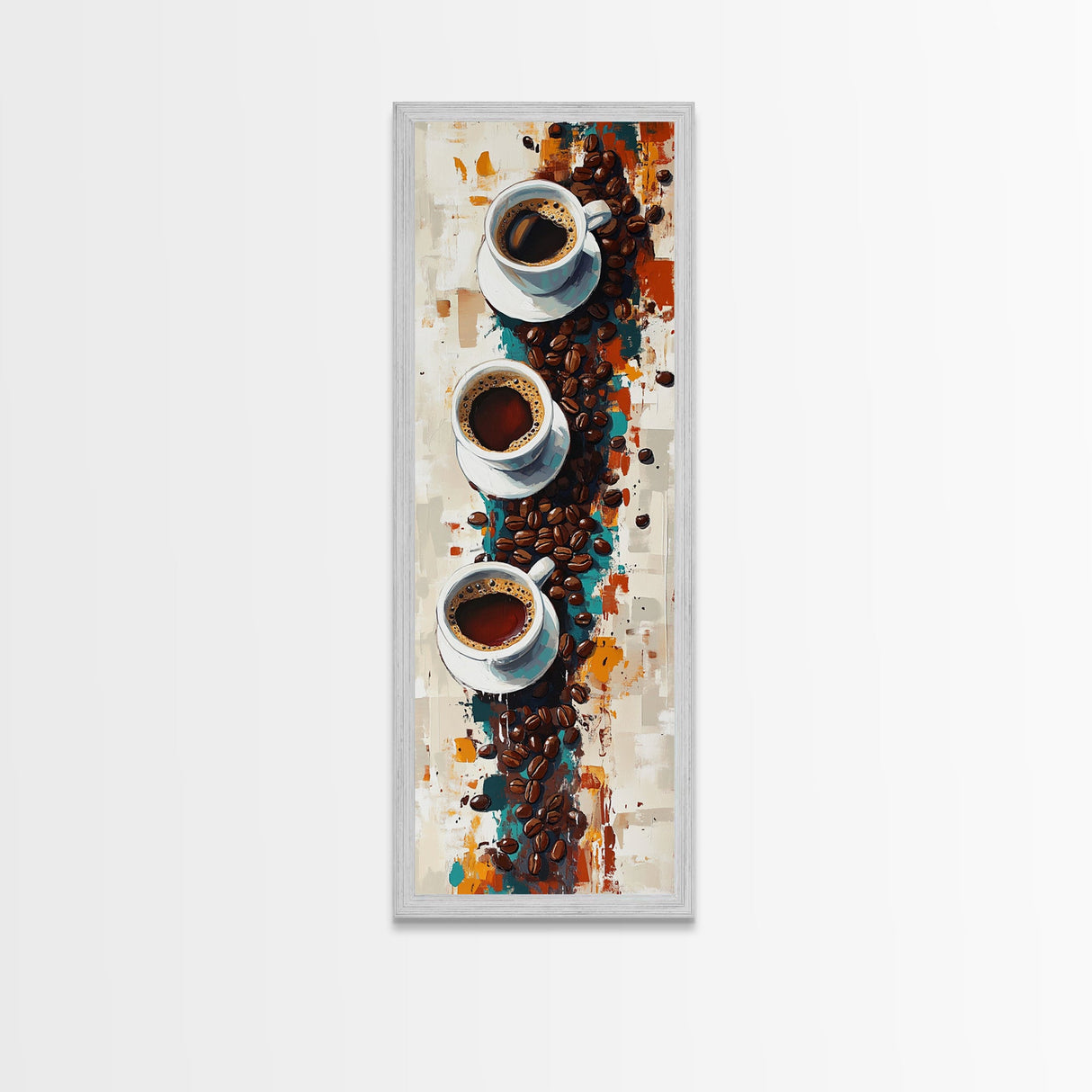 Espresso Cups Vertical Framed Canvas Print Coffee Wall Art Kitchen Long Narrow Rustic Farmhouse Art Living Room Decor
