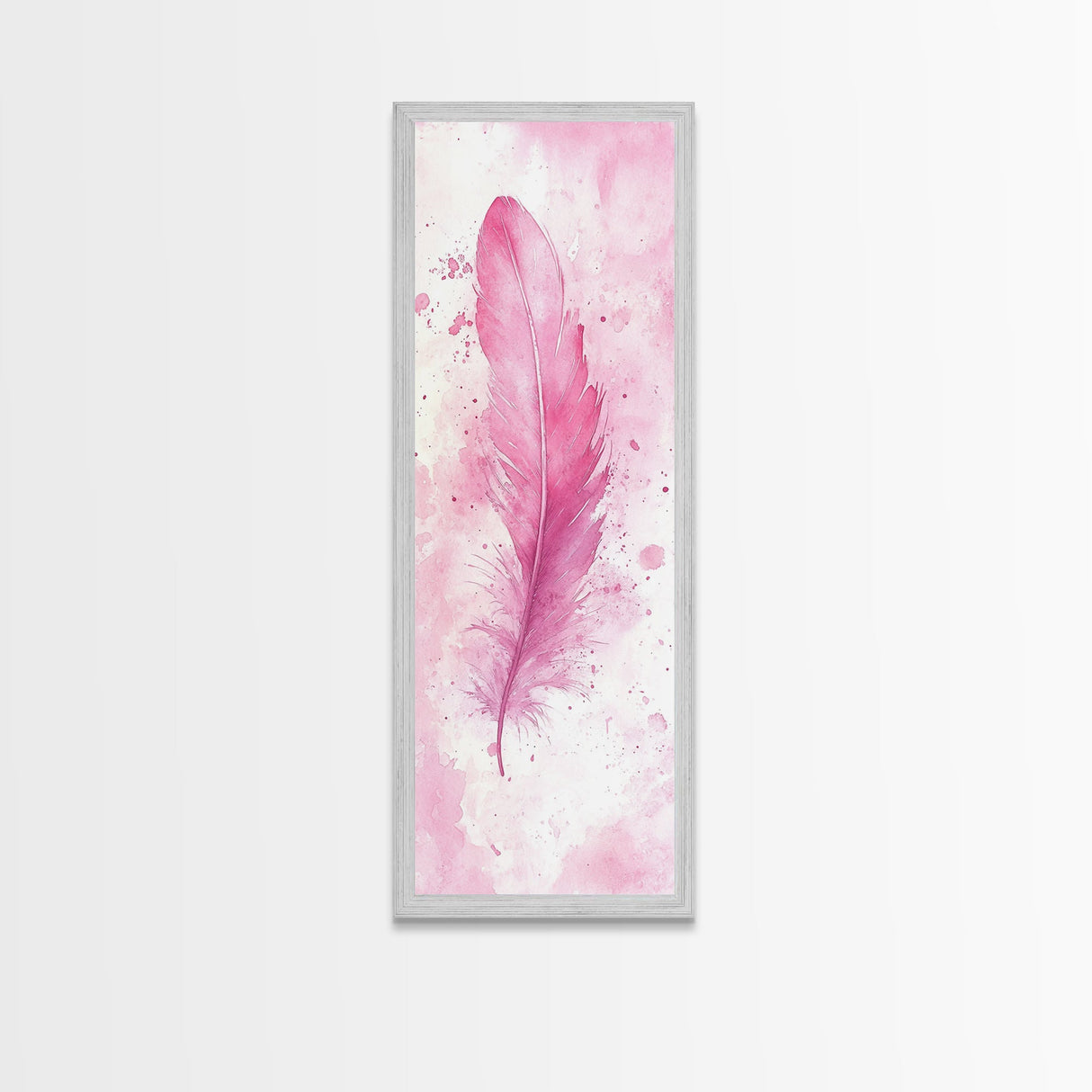 Pink Feather Artwork Framed Canvas Print, Vertical Whimsical Art Light Pink Decor, Boho Minimalist Gift Bedroom and Dorm Wall Art
