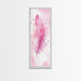Pink Feather Artwork Framed Canvas Print, Vertical Whimsical Art Light Pink Decor, Boho Minimalist Gift Bedroom and Dorm Wall Art