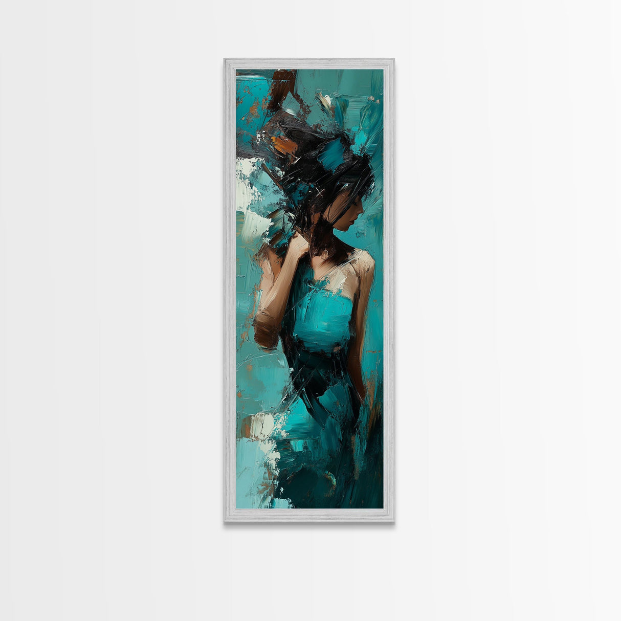 Moody Woman Framed Canvas Print in Teal, Dark Romance Painting, Moody Art, Living Room Art, Gift Idea, Vertical Wall Art