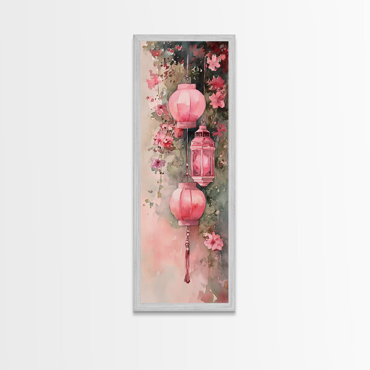 Lantern Glow Canvas Print, whimsical Moroccan wall art with light pink tones and floral accents, tall skinny vertical wall art piece.