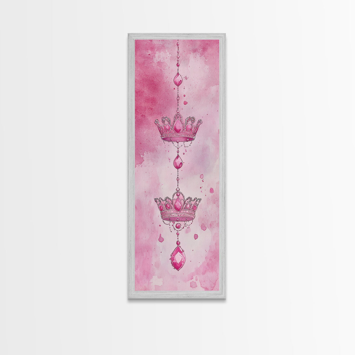 Regal Crown Gem Painting Framed Canvas Print Featuring Pink Abstract Art with Sparkling Gemstone Accents for Whimsical Wall Art Spaces