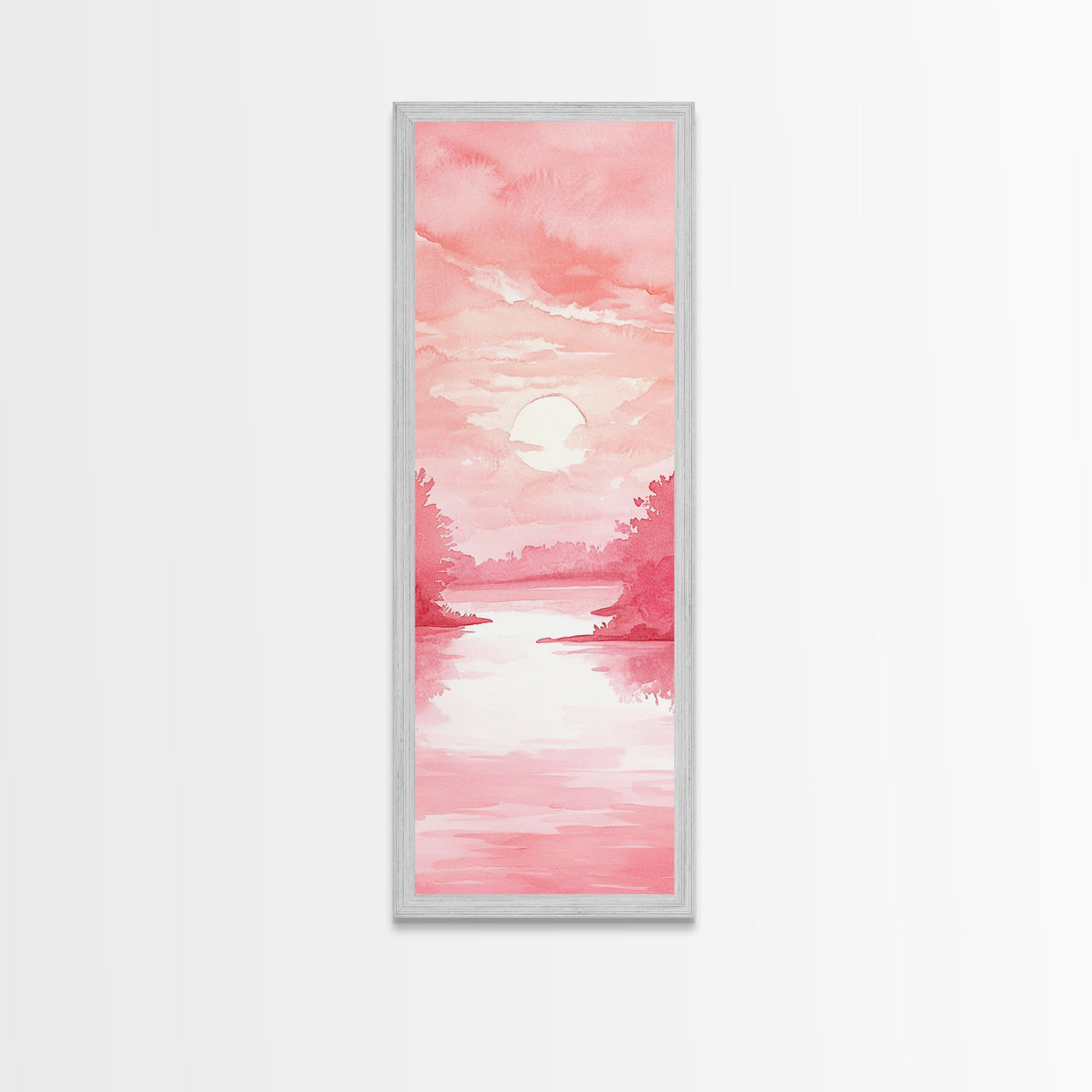 Serene Sunset Landscape Painting Framed Canvas Print with Light Pink Tones for Calm Living Room Art or Above Sofa Wall Decoration