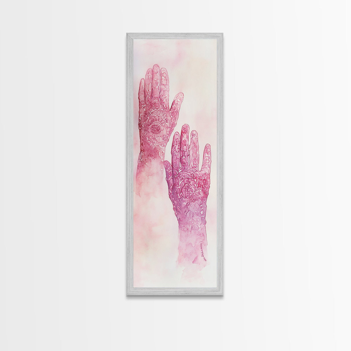 Intricate Henna Hands Painting Framed Canvas Print Featuring Unique Pink Wall Art with Subtle Geometric Design Therapy Art Theme